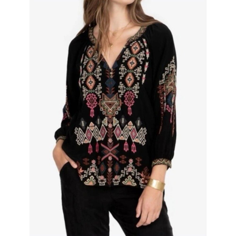 Johnny Was Long Sleeve Black Embroidered SILK Malta Tunic Top Colorful $300